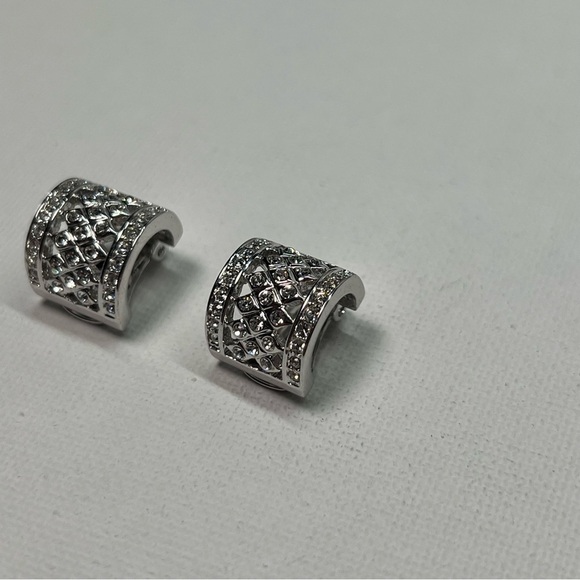 Vintage Silver Tone Rhinestone Hoop Clip On Earrings - Picture 3 of 9